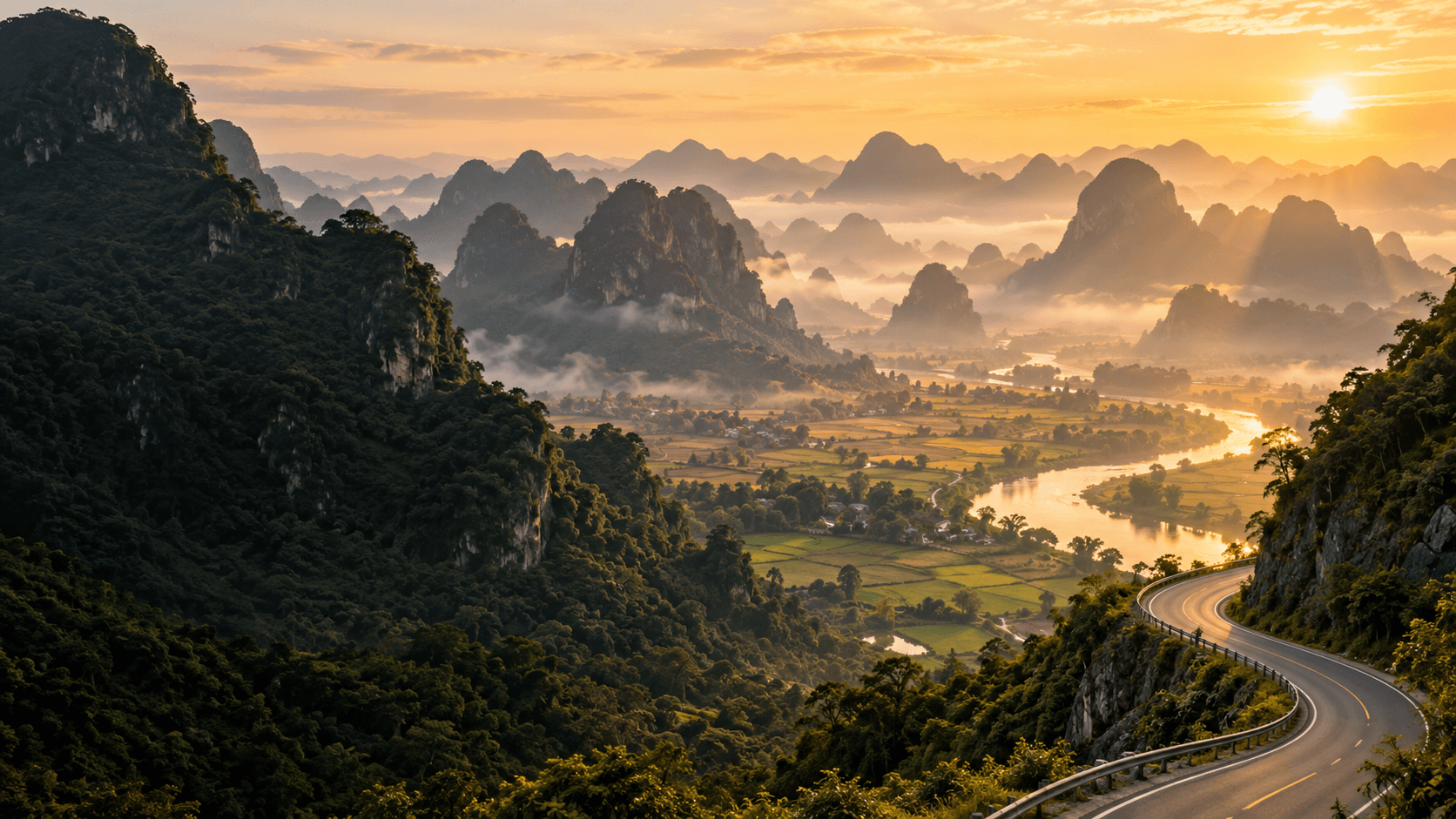 Bình minh trên những dãy núi đá, thung lũng và cung đường uốn lượn ở miền Bắc Việt Nam