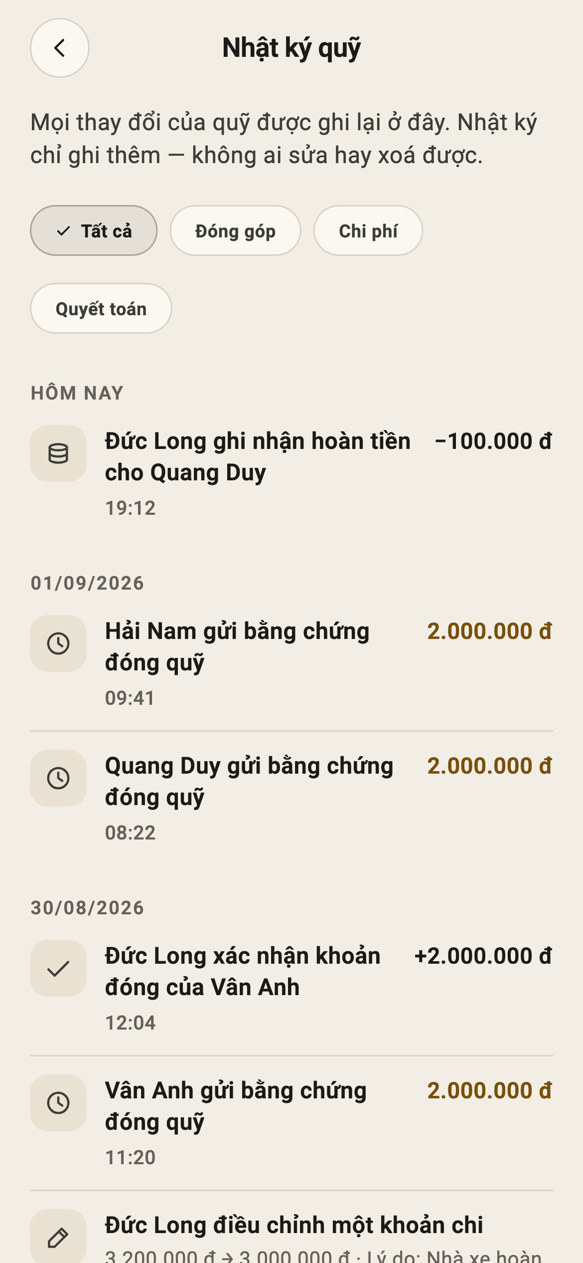 Giao diện nhật ký quỹ Kèo Đi ghi lại các khoản thu chi của nhóm
